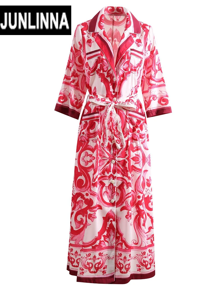 

JUNLINNA модное осеннее женское платье с фарфоровым принтом, отложным воротником и полурукавом, длинное платье, облегающее женское платье с поясом для отпуска