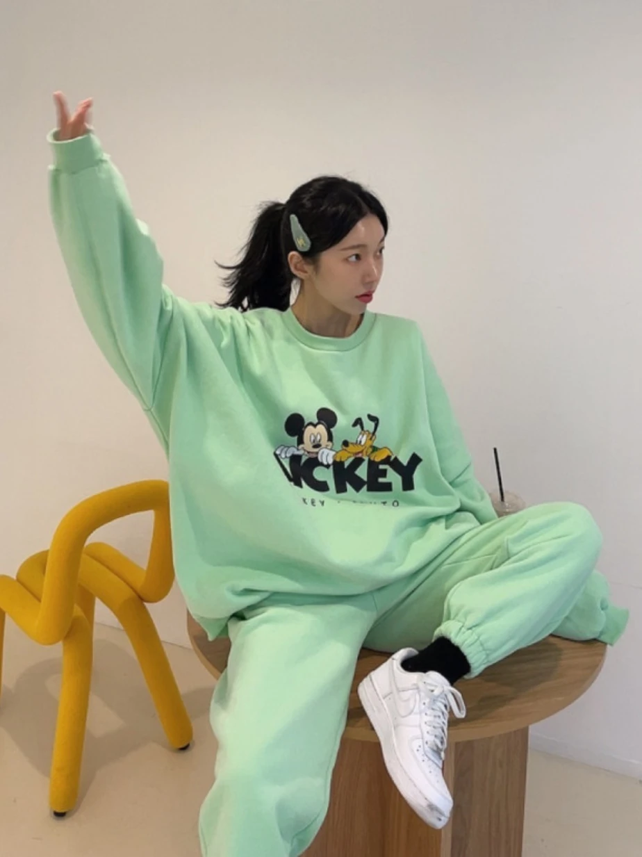 Korean Fleece-Lined Sweater Suit Women's Cartoon Printed round Neck Long Sleeve Casual Top Loose Track Sweatpants Two-Piece Set enlarge