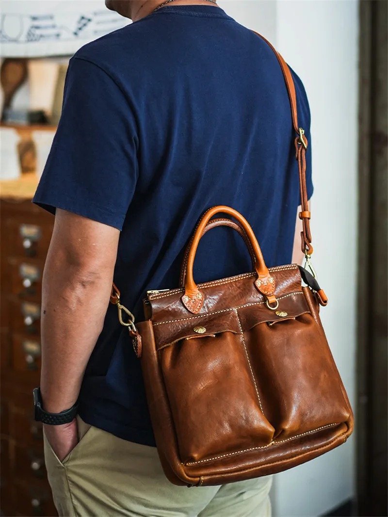 Vintage fashion desig First layer cowhide Men handbag luxury Organizer genuine Leather  with wide shoulder strap crossbody bag
