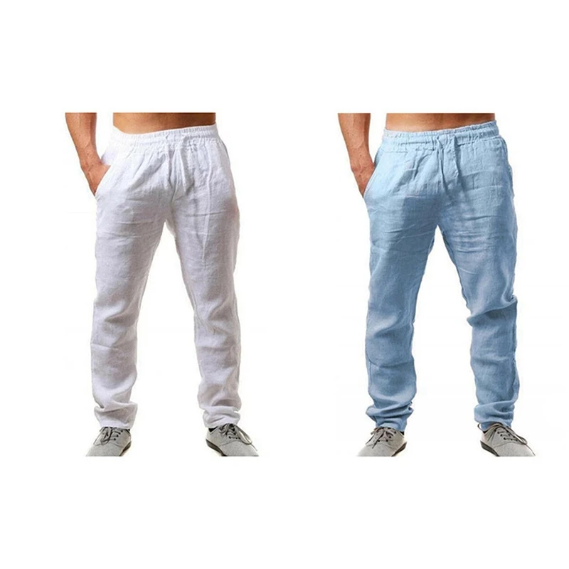 

2 Pcs Men Cotton And Linen Trousers Loose Pants Men Solids Harem Pants Casual Pants Hip Hop Trousers M, White & Blue