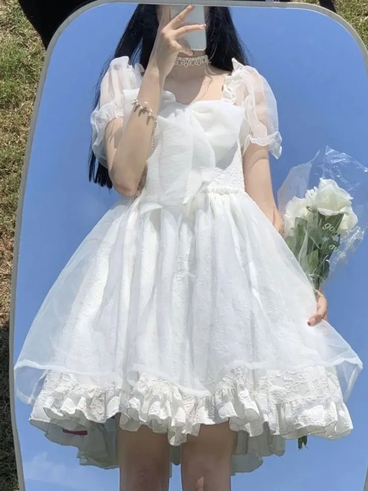 

Милое женское Сетчатое платье в стиле пэчворк, летние женские мини-платья, милое праздничное платье с бантом и пышными рукавами, женский сар...