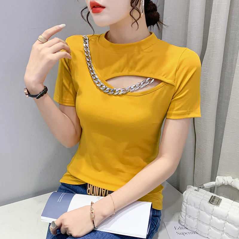 

Футболка женская однотонная с вырезами, пикантный облегающий топ с коротким рукавом и цепочками, Базовая рубашка в Корейском стиле, на лето