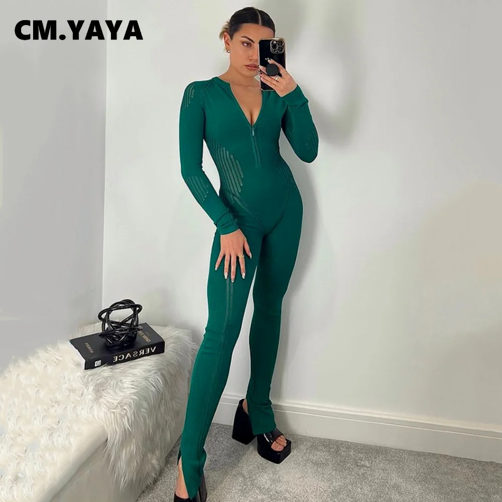 

CM.YAYA Elegant Women V-neck Skinny Knitted Jumpsuit Streetwear Long Sleeve Romper Playsuit 2022 Fall Winter One Piece Overalls