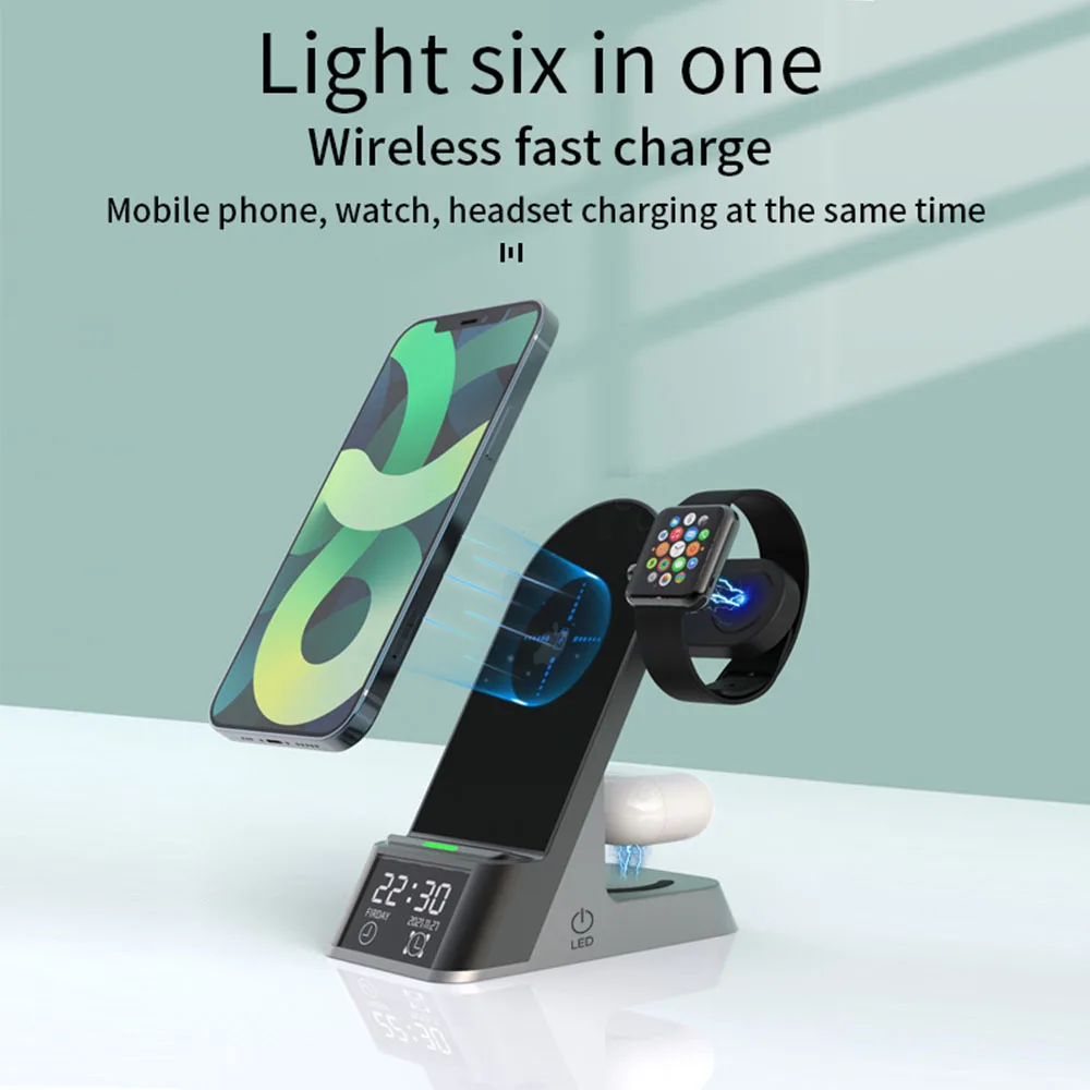 4 IN 1 Modern LED Desk Alarm Clock Wireless Charger With IPHONE Serise Samsung S20 Qi Wireless Charging Pad Alarm Clock LED