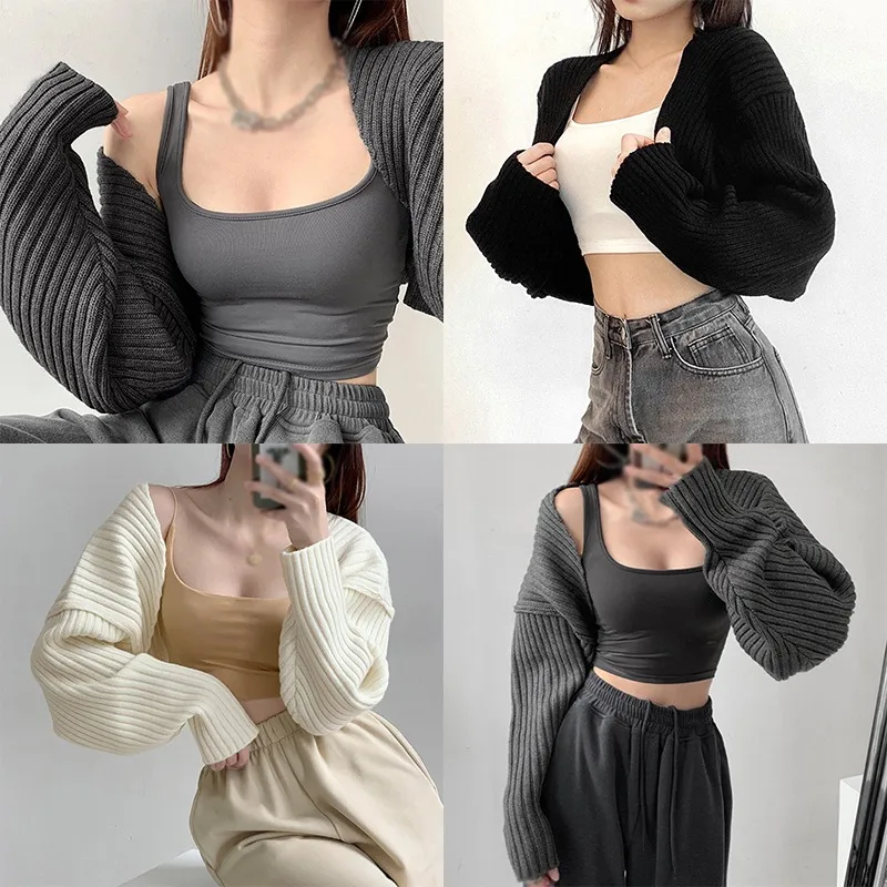 Женский вязаный короткий кардиган на пуговицах с длинным рукавом