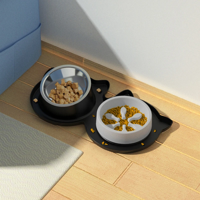 

New Cat Bowl Dog Plate Anti-overturning Removable Pet Slow Food Basin Stainless Steel Puppy Drinking Double Bowl Set Accessories
