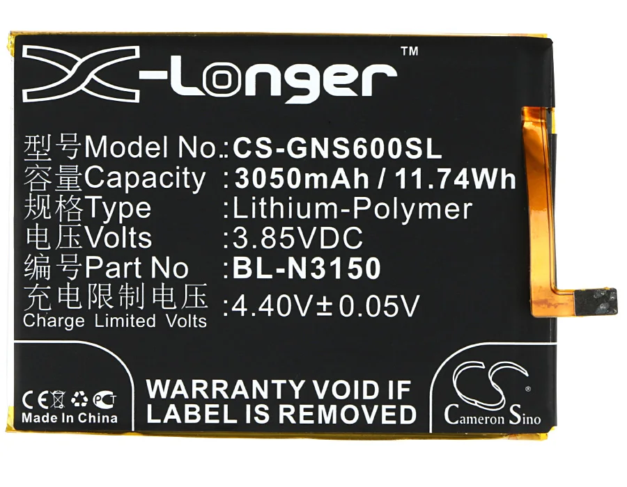 

Cameron Sino High Quality 3050mAh Battery BL-N3150 for BLU V0050UU,Vivo 5, For GIONEE Elife S6,GN9010, GN9010 Dual SIM, GN9010L