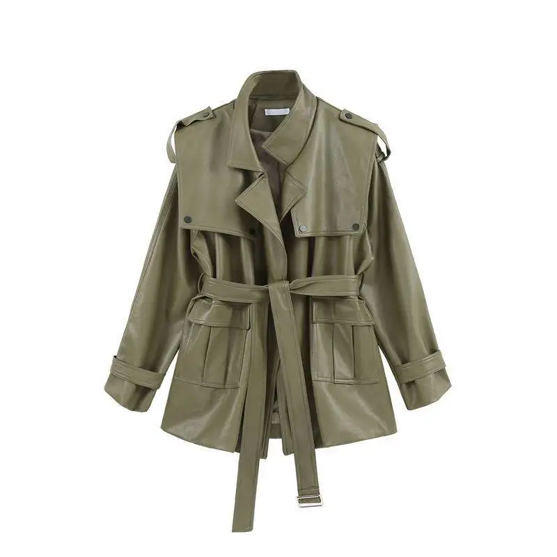 Spring Women's Leather Coat Women's 2022 Design Sense Lace-up Waist Loose Coat Light Green Basic Leather Clothes for Lady