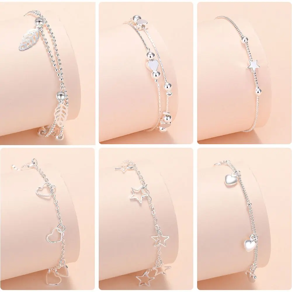 

Silver Heart Star Leaves Charms Bracelets & Bangles For Women Friendship Bracelets Luxury Women's Jewelry Vintage Bracelets