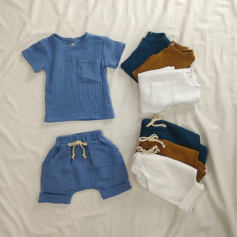 Conjunto de ropa de algodón orgánico para bebé, Tops informales de verano, pantalones cortos, conjunto Unisex, 2 piezas