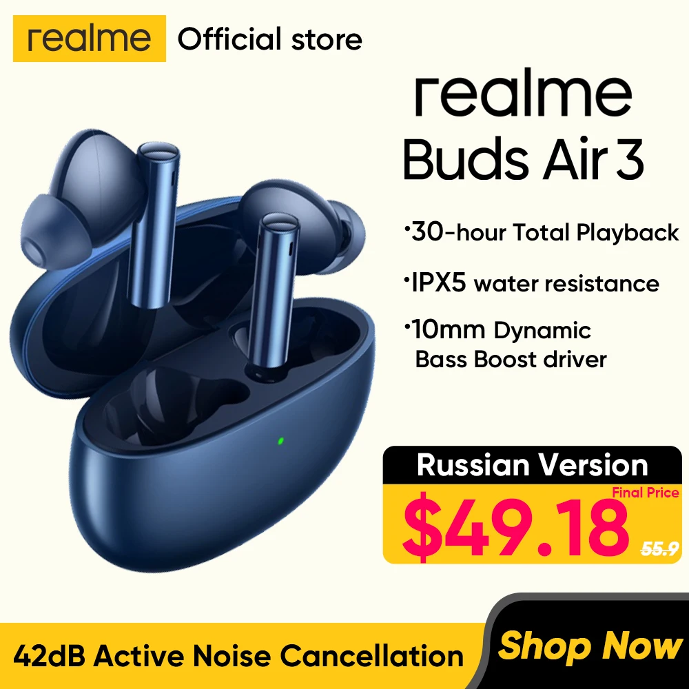 realme Buds Air 3 Wireless Earphone 42dB Active Noice Cancelling IPX5 Water Resistant Game Music Sports Bluetooth Headphones