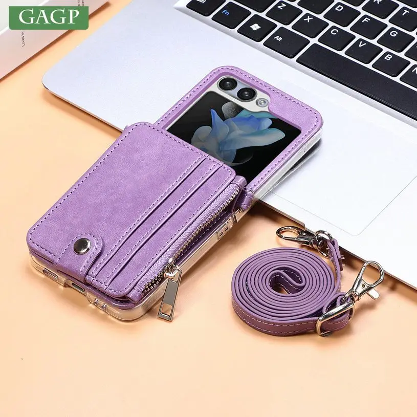 

Ретро съемный чехол для телефона с держателем для карт для Samsung Galaxy Z Flip 5 4 3 со шнурком через плечо складной противоударный чехол из поликарбоната