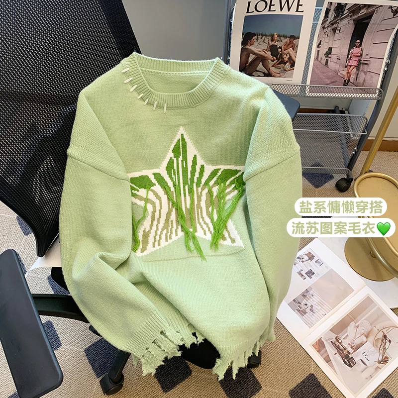 

Vintage Five Pointed Star Sweater Winter Retro Hip Hop Knitwear Pullover Streetwear Women Tassel Design Round Neck Tops