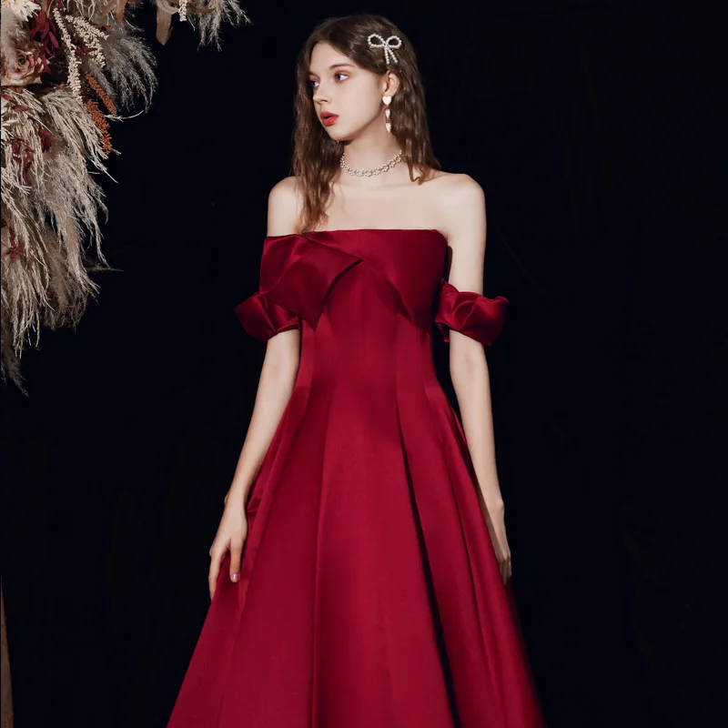 

Женское строгие атласное свадебное платье, Бордовое платье с открытыми плечами, элегантное платье для выпускного вечера, 2023