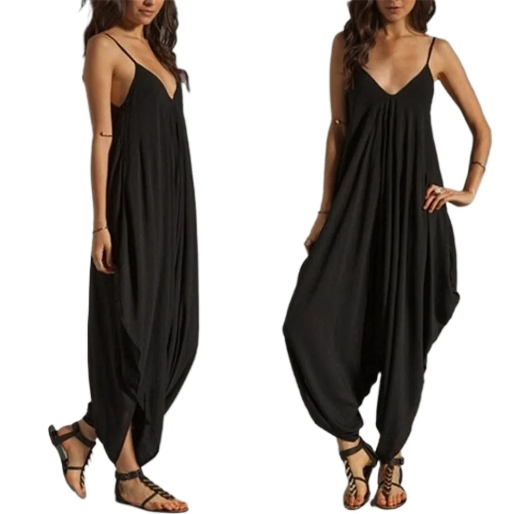 Women's sleeveless jumpsuit Deep V-neck sexy loose casual long overalls Solid wide leg pants