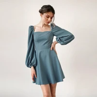 solid casual spring mini dress puff sleeve square neck elegant slim party dress ladies vintage a line women 2022 dresses