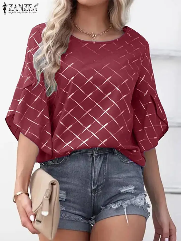 

Женская блузка с принтом, круглым вырезом и расклешенными рукавами