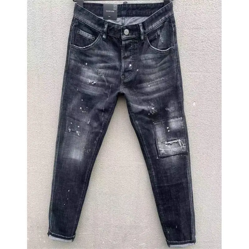 

Men's Fashion High Street Hole Spray Painted Jeans Trendy Moto&Biker Casual Denim Fabric Pants C017