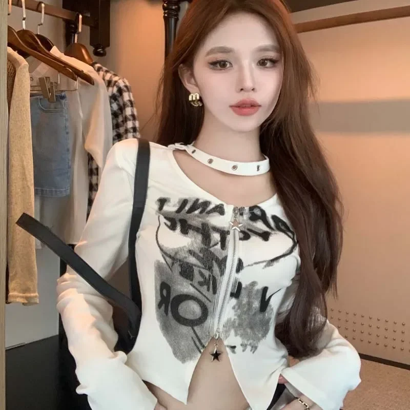 Spring New Style Women's Long Sleeve Zippered T-shirt Slimming Cropped Cardigan Top Crew Neck Design Sensibility Nicheslims