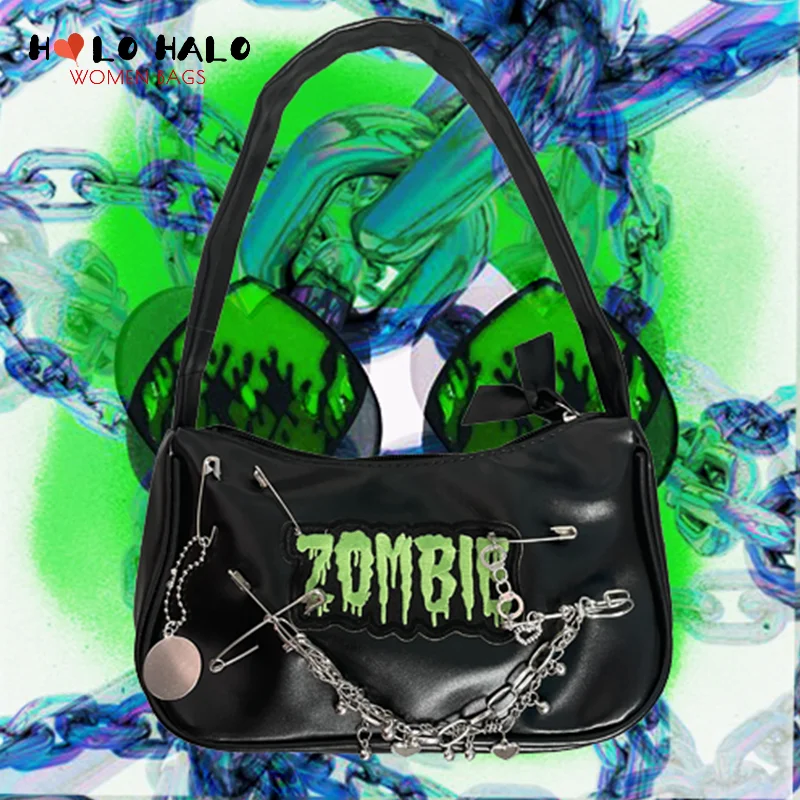 

Y2K Harajuku Shoulder Bag Embroidered Heart Chain Pin Handbag and Purses for Women Personality Designer Bag Cool Girl Pu Leather