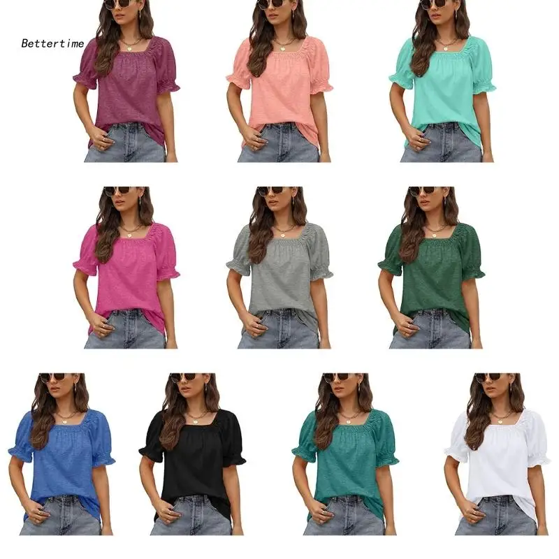 

B36D Women Ruffle Puff Short Sleeve Plain Tunic Top Casual Loose Square Neck T-Shirt