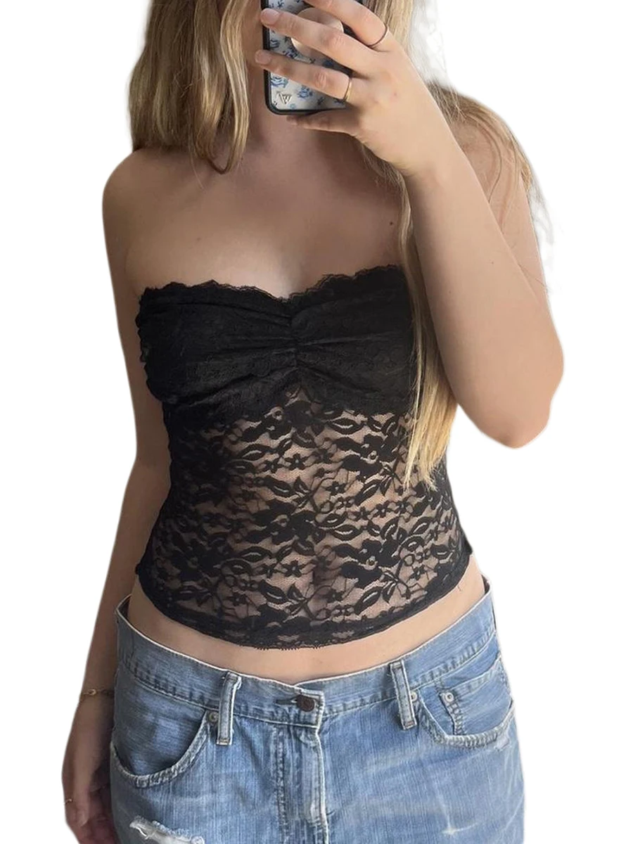 

Flaunt Your Style with Kimydreama s Sheer Lace Crop Tube Tops - Sexy Strapless and Ruched for a Perfect Summer Look