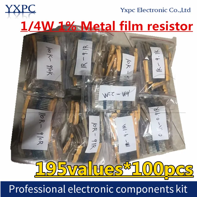 195values*100pcs 1/4W 1% Metal film resistor Kit 0R~0.91R 1R~9.1R 10R~91R 100R~910R 1K~9.1K 10K~91K 100K~910K 1M~22M ohm