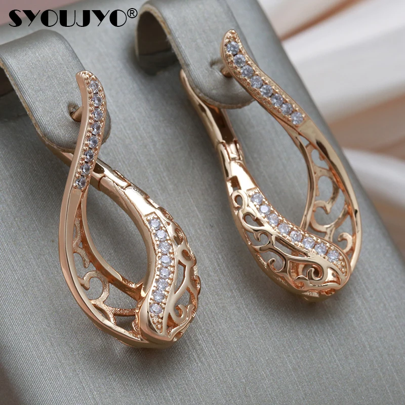 

SYOUJYO Fashion Bohemian 585 Rose Gold Women's Earrings 2022 Trend Natural Zircon Micro Wax Inlay Hollow Drop Vintage Earrings