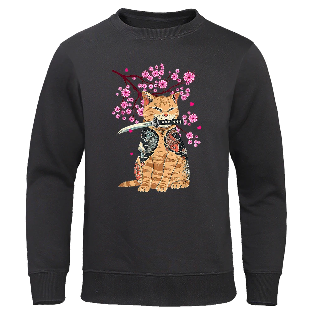 

Japanese Harajuku Sakura Cat Funny Print Men Pullover Hoodie Vintage O-Neck Autumn Fleece Sweatshirt Mens Loose Casual Tops Male
