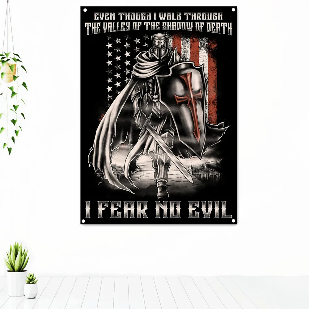 

I FEAR NO EVIL Medieval Warrior Military Banners Flags Vintage Knights Templar Armor Posters Wall Hanging Painting Home Decor