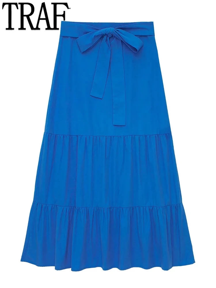 

TRAF Blue Long Skirt Women Bow High Waist A Line Skirt Sets Ruffle Summer Skirts Woman Streetwear Elegant Midi Skirts For Women