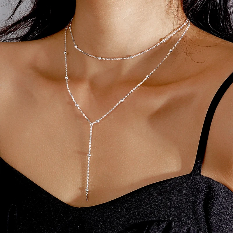 

Women 925 Sterling Silver Double Layer Bead Pendant Necklace Long Tassel Clavicle Chain For Wedding Party Gift Fine Jewelry