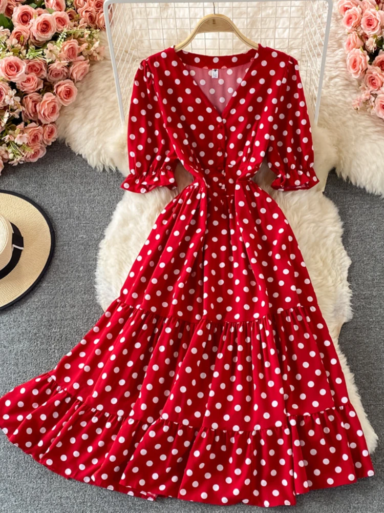 

French Polka Dot Dress Women Elegant V-neck Short Sleeve Beach Dresses 2022 Summer New Long Casual Dress