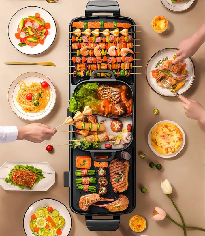 220v 2 in 1 household electric grill hot pot electric barbecue grill multi function bbq machine frying pan free global shipping