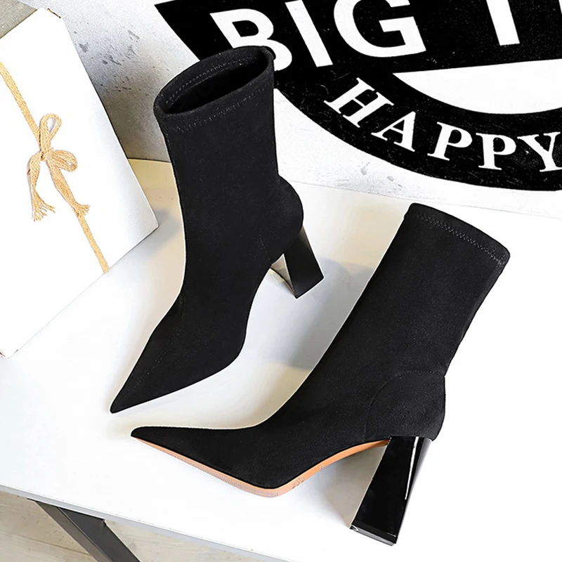 Купи BIGTREE 2023 Autumn Winter Shoes Stretch Fabric Women Boots Pointed Toe Boots Thick Heel Women's Ankle Boots за 1,615 рублей в магазине AliExpress