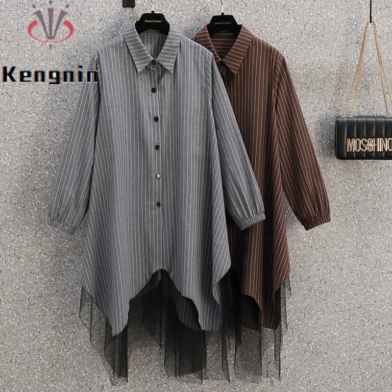 

Plus Size 5XL Women's Shirts Dresses 2022 Spring Loose Striped Patchwork Mesh Ladies Blouse Vestido Long Sleeve Robe KE2327