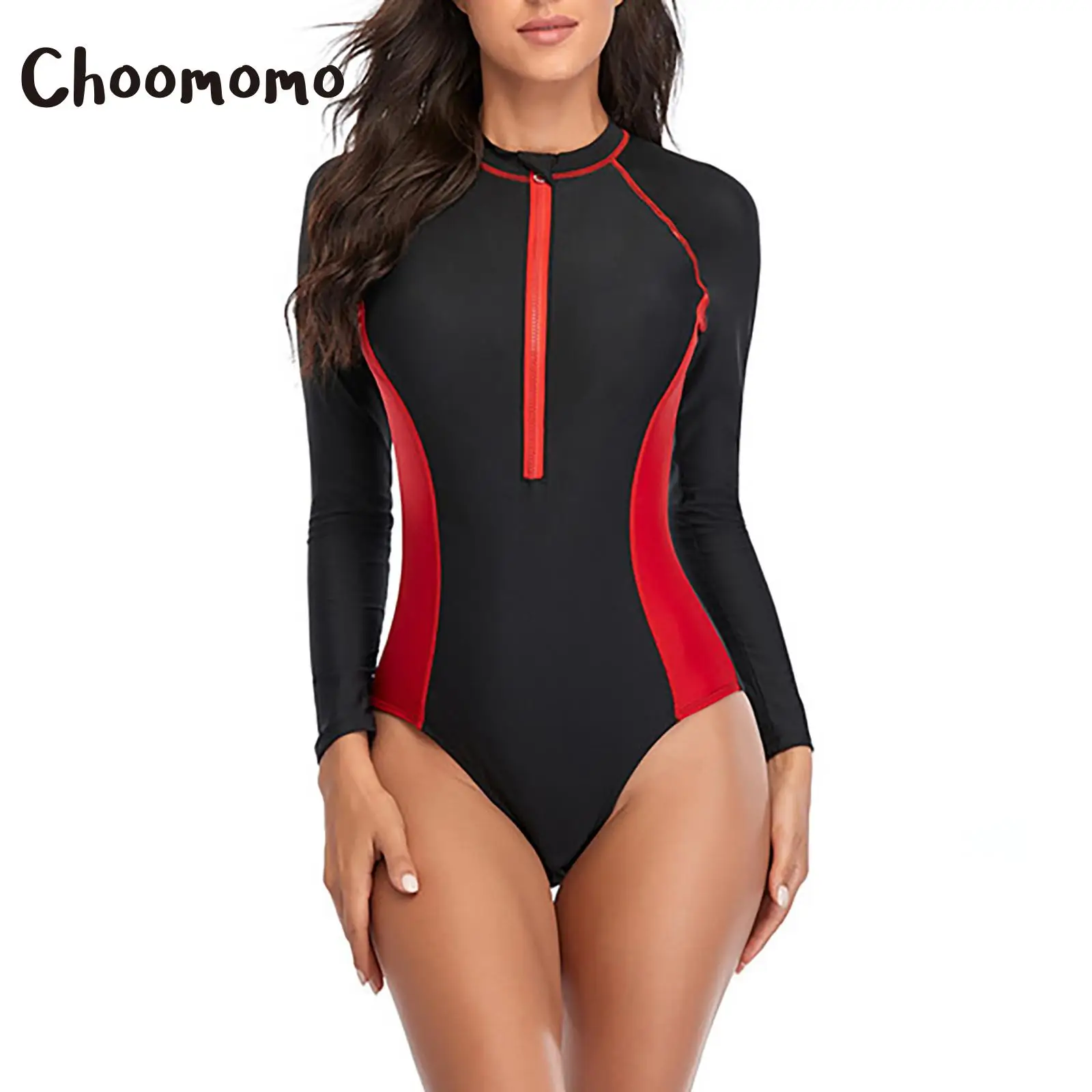 

Choomomo Women One-piece Colorblock Long Sleeve Swim Bodysuits with Chest Pads Front Zipper Closure Jumpsuit Rashguard Swimwears