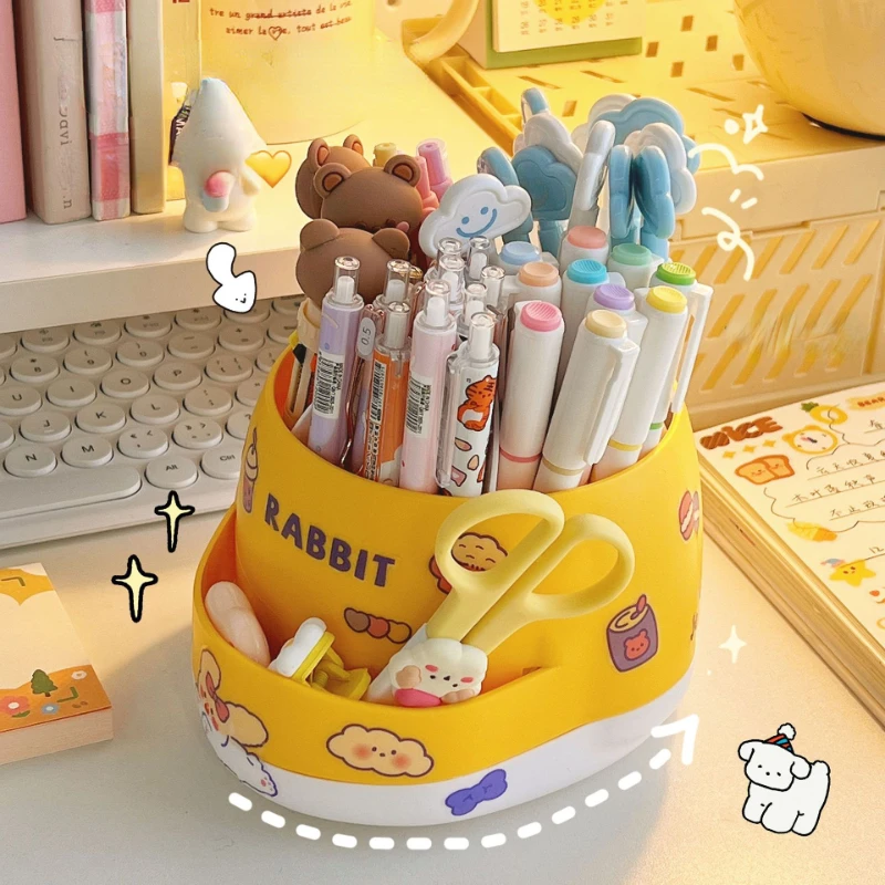 

Kawaii Rotatable Pen Holder Large-capacity Pencil Holder for Desktop Organizer Stationery Storage Box Kawaii Desk Accessories