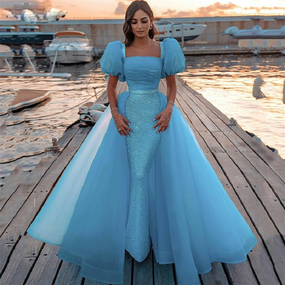

Elegant Woman Dress for Party 2022 Square Collar Blue Organza Ruffles Sleeves Trumpet Prom Dresses with Detachable Train