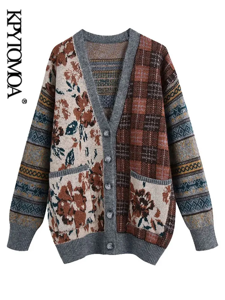 KPYTOMOA Women Fashion Loose Jacquard Knitted Cardigan Sweater Vintage Long Sleeve Pockets Female Outerwear Chic Tops |
