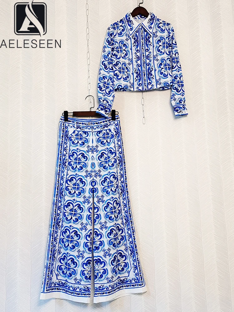 AELESEEN Spring Autumn Women Fashion Pants Set Porcelian Print Shirt+ Full-Length Flare Pants Elegant Blue Flower Party Suit