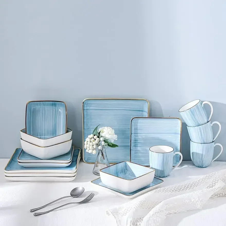

Stone + Lain Esmeralda Porcelain Dinnerware Set, Service for 4, 16 Pieces Square Light Blue Brushed Design