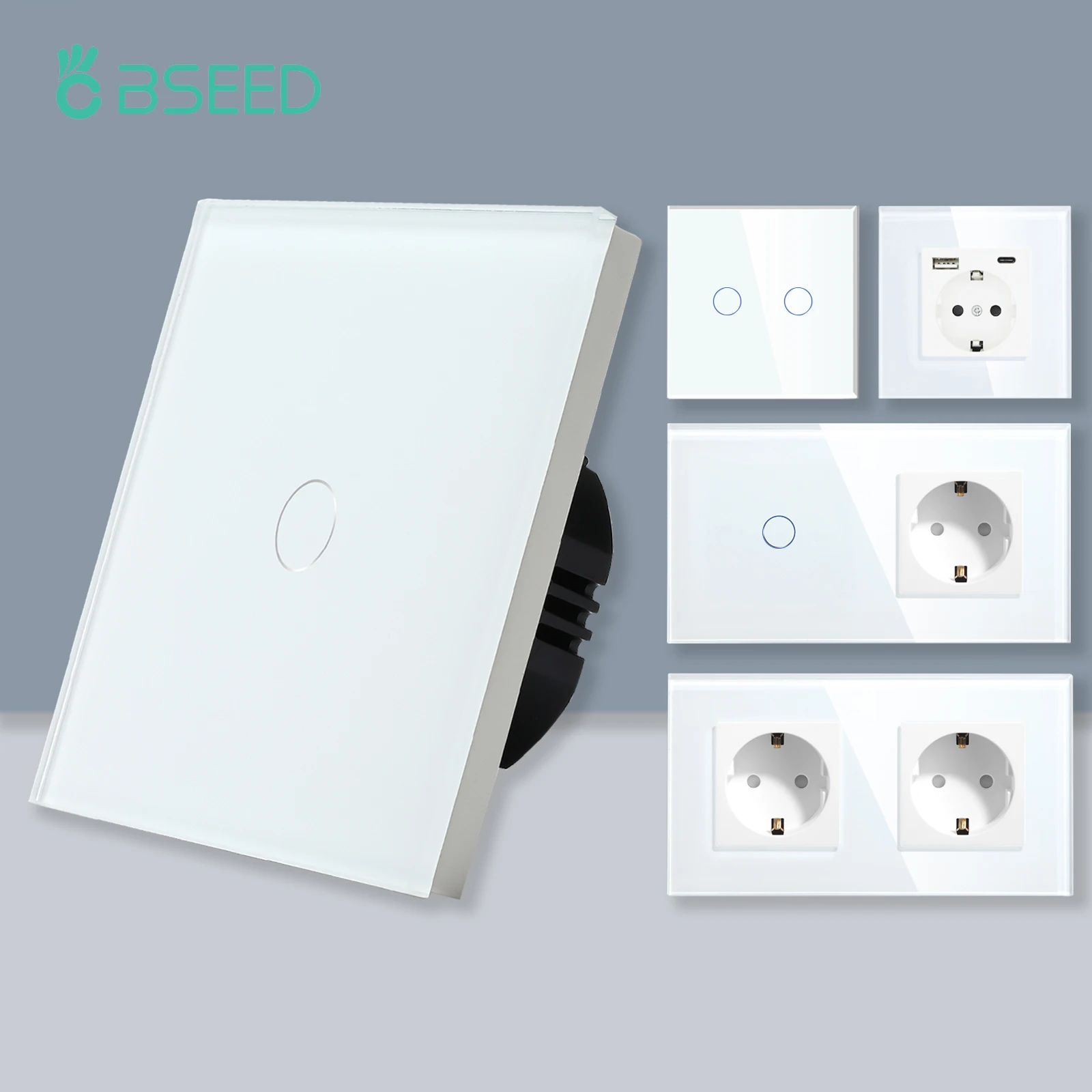 

BSEED 1/2/3Gang Touch Switch Sensor Light Switch 1Way Glass Panel Wall Socket EU Standard Blue Backlight 10A White