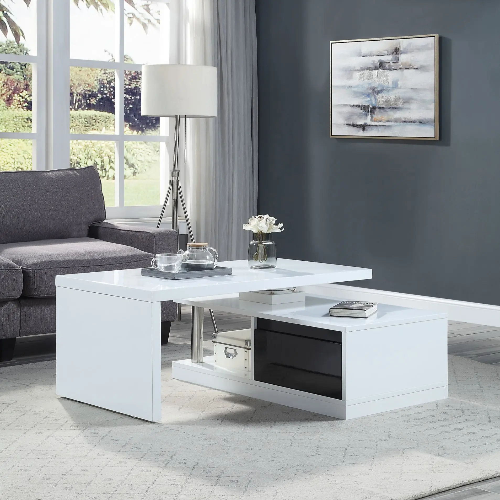

[Flash Sale]Buck II Coffee Table Center Table W/Swivel Top in White & Black High Gloss Finish[US-W]