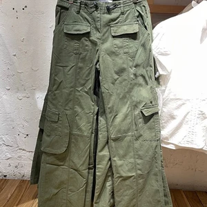 Imported Vintage Casual Green Cargo Pants Women Autumn Solid Adjustable Elastic High Waist Straight Pants Ret