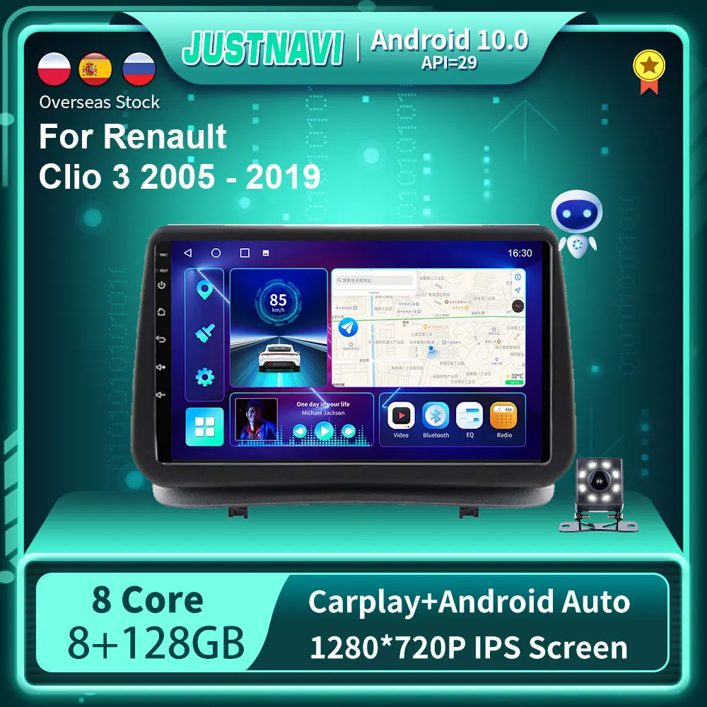 

Автомагнитола JUSTNAVI с HD-камерой, Android 10,0, 2 din, радио, автомобильное мультимедийное радио для Renault Clio 3 2005 - 2019 CarPlay, 4G, GPS, RDS, HD-запись