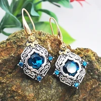 women silver color flower jewellery blue stone hook earrings wedding bride exquisite jewelry