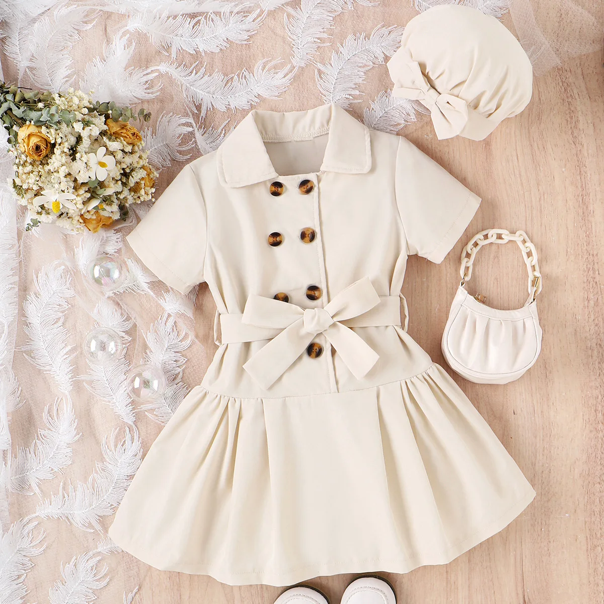 

Summer Dress Girls New Children's Clothing Lapel Suit Double Row Buckle Belt Pleated Skirt + Beret British Dress Princess Skirt