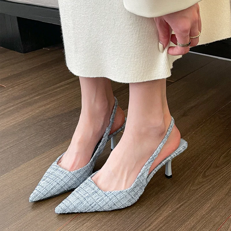 

2023 New Fashion Thin High Heels Slingback Sandals Pointed Toe Slip on Mules Shoes Ladies Elegant Shallow Pump Party Dress Shoes