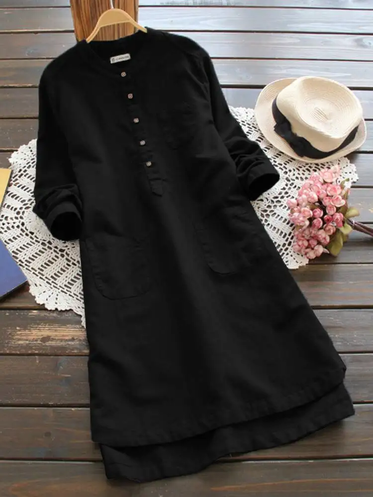 ZANZEA женское винтажное однотонное мини-платье с длинным рукавом 2022 Осенняя